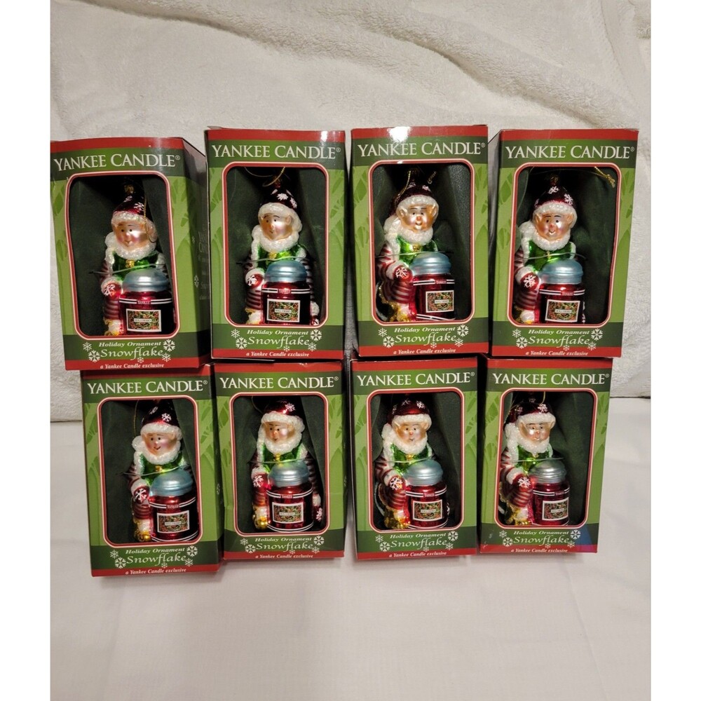 Yankee Candle Holliday Christmas Ornament Snowflake Elf 2004 New in box Set of 8